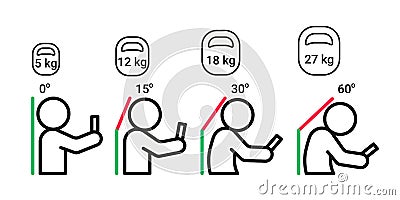 Load on neck and back when posture tilting head with phone, pain of weight, outline. Angle of bending head related to Vector Illustration