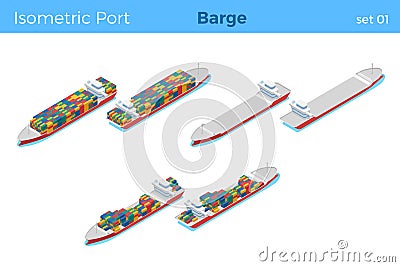 Loaded Barge with Containers and empty isometric vector illustration set Vector Illustration