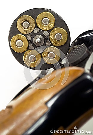 Loaded Bullets in Gun Chamber 38 Special Ready Aim Fire Stock Photo