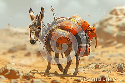 Loaded Donkey Trekking Across Arid Desert Terrain Carrying Supplies Under Harsh Sunlight Stock Photo