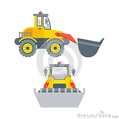 Loader with bucket side view and front view Vector Illustration