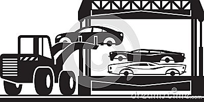 Loader fills car crusher for scrap Vector Illustration