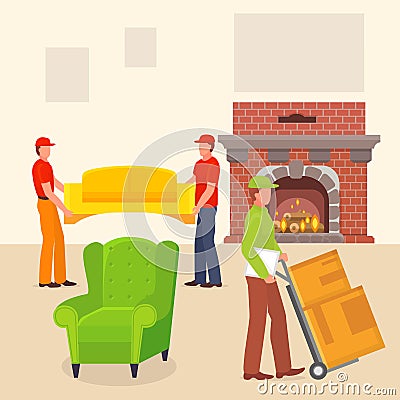Loader make move stuff house, character male porter carry box flat vector illustration. Cozy home room, fireplace and Vector Illustration