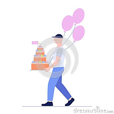 Loader man with big cake and balloons. Fast delivery . Courier service . Cartoon Illustration