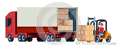 Loader unloads cargo from truck. Delivery service and moving concept. Logistic transportation forklift and trucks with Vector Illustration