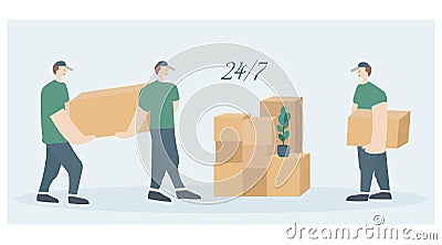 Loaders with cardboard boxes. Delivery team. The theme of movement, transportation and delivery of goods and cargo. Help in moving Vector Illustration