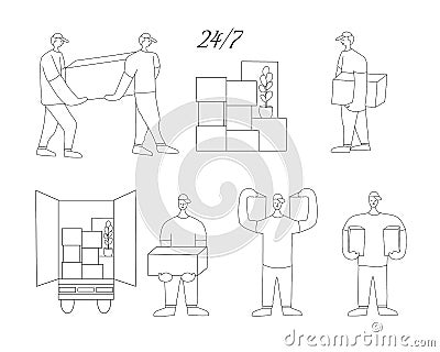 Loaders with cardboard boxes. Delivery team. The theme of movement, transportation and delivery of goods and cargo. Help in moving Vector Illustration