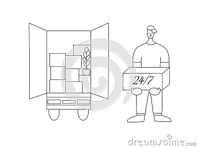 Loaders with cardboard boxes. Delivery team. The theme of movement, transportation and delivery of goods and cargo. Help in moving Vector Illustration