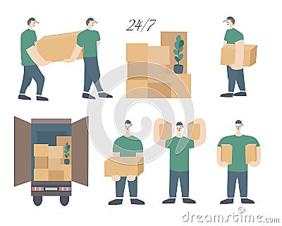 Loaders with cardboard boxes. Delivery team. The theme of movement, transportation and delivery of goods and cargo. Help in moving Vector Illustration