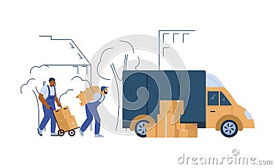 Loaders or porters unloading furniture, flat vector illustration isolated. Vector Illustration