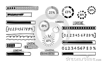 Loading bar doodle set. Hand drawn element line loading sketch style. Slow isolated download speed, progress status and Vector Illustration