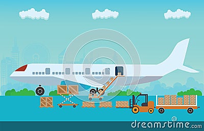 Loading boxes to preparing to flight aircraft. Vector Illustration