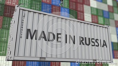Loading container with MADE IN RUSSIA caption. Russian import or export related 3D rendering Stock Photo