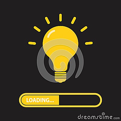 Loading creative idea concept. Progress loading bar. Yellow lightbulb icon on black background. Vector Vector Illustration