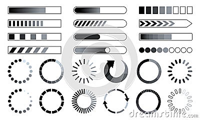 Loading download bars, time direct load stripes and circles. Internet files downloading progress bar. Interface computer web page Vector Illustration