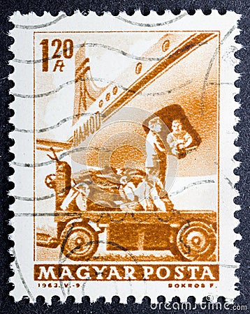 Loading mail plane in vintage stamp Editorial Stock Photo