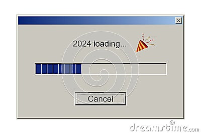 2024 loading notification message in classic retro style of system user interface vector illustration. Retro download Vector Illustration
