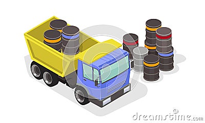 Loading process of drums into heavy dumper, lorry for transportation. Vector Illustration