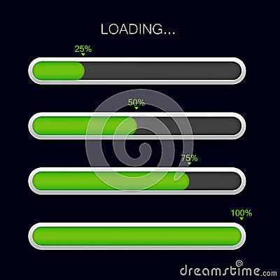 Loading progress bar. Green download icon. Glossy completion bar for ui. Scale download of time. Progress load status for website Vector Illustration