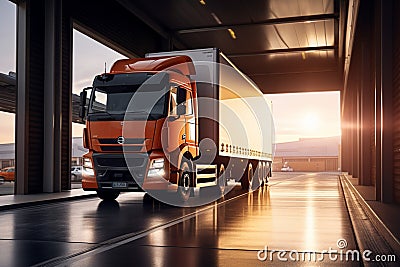 Loading scene Semi tractor trailer at commercial building garage, boxes inside Stock Photo