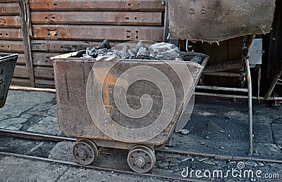 Loading and transporting coal railcars Stock Photo