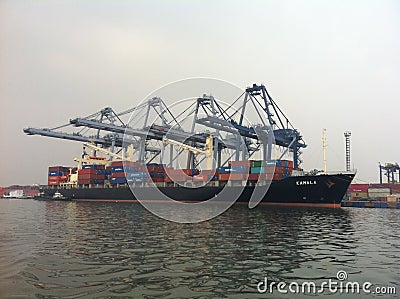 Loading and Unloading Container at Tanjung Priok Port Editorial Stock Photo