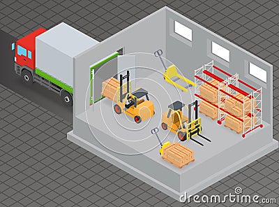 Loading and unloading of goods in a warehouse using a forklift Vector Illustration