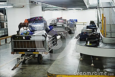 Loading and unloading operations and baggage control at the airport. Service for the transportation of belongings of aircraft Editorial Stock Photo