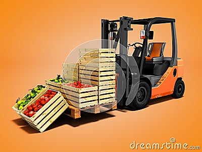 Loading and unloading ripe apples in wooden boxes with orange forklift 3d rendering on orange background with shadow Stock Photo