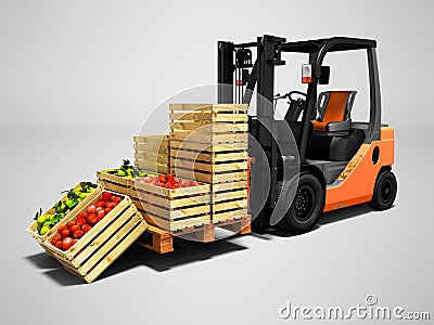 Loading and unloading ripe apples in wooden boxes with orange forklift 3d rendering on gray background with shadow Stock Photo