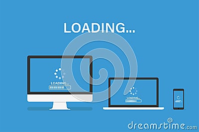 Loading or update set of device. Isolated vector template. Software system updating personal computer laptop smartphone Stock Photo