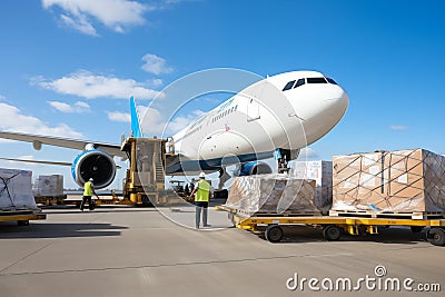 Loading of widebody cargo airplane before flight. Generative AI Stock Photo