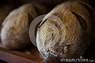 Loafs of rustic freshly baked sour dough bread Stock Photo