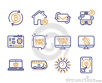 Loan house, Quick tips and Bus parking icons set. Online shopping, Question mark and Motherboard signs. Vector Vector Illustration