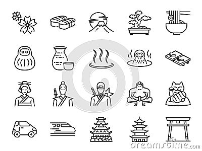 Japan icon set. Included the icons as Tokyo tower, sakura, Geisha, Japanese Sake, eco car, speed train, hot spring, castle and mor Vector Illustration