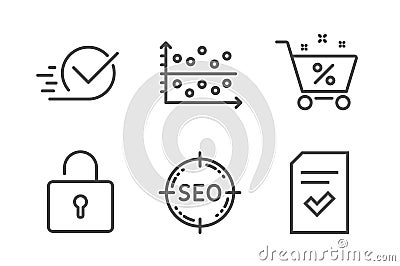 Loan percent, Checkbox and Seo icons set. Dot plot, Lock and Checked file signs. Shopping cart, Approved. Vector Vector Illustration