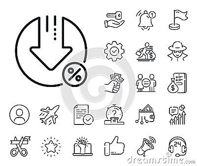 Loan percent decrease line icon. Discount sign. Salaryman, gender equality and alert bell. Vector Vector Illustration
