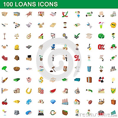 100 loans icons set, cartoon style Vector Illustration