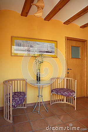 Lobbit, corridor in yellow wooden beams, spanish Stock Photo