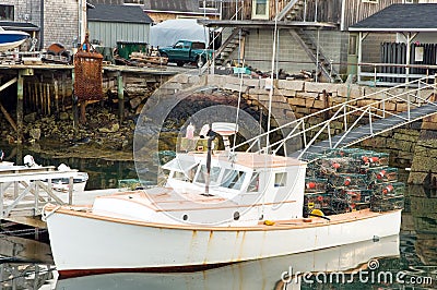 Lobster boat at dock Stock Photo
