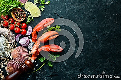 Lobster claws. Seafood on a black background. Stock Photo