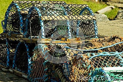 Lobster Creels at Scottish Harbour Stock Photo