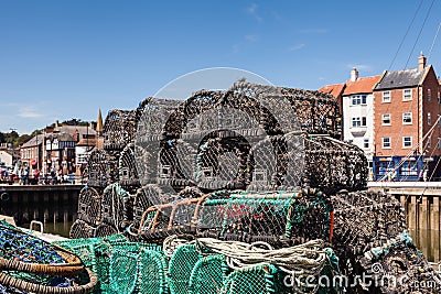 Lobster Fishing Pots on the Whitby Keyside, Yorkshire Editorial Stock Photo