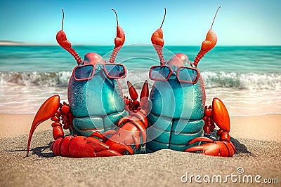 Lobster love. Lovely lobsters on the beach. Stock Photo