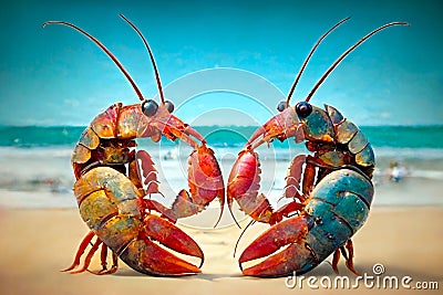 Lobster love. Lovely lobsters on the beach. Stock Photo