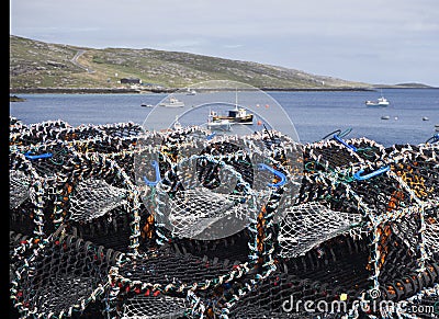 Lobster nets by the bay. Stock Photo