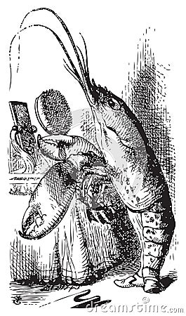 Lobster primping before a mirror - Alice`s Adventures in Wonderland original vintage engraving Vector Illustration
