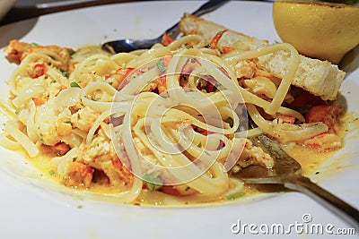 Lobster Scampi Linguini and folk Stock Photo