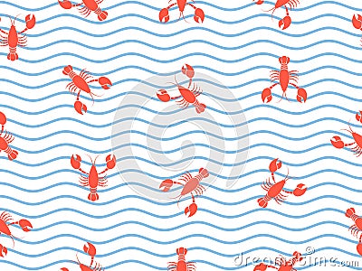 Lobster seamless pattern sea wave background. Seafood vector illustration. Vector Illustration