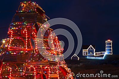 Lobster Trap Christmas Tree Near Nubble Lighthouse in Maine Stock Photo